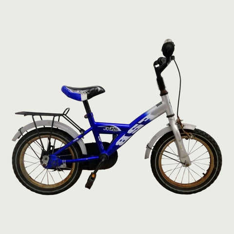 14.2 - BikeFlip, 14 inch fiets, blauw-grijze fiets, vering bij het stuur, terugtraprem, geen versnellingen, kabelslot