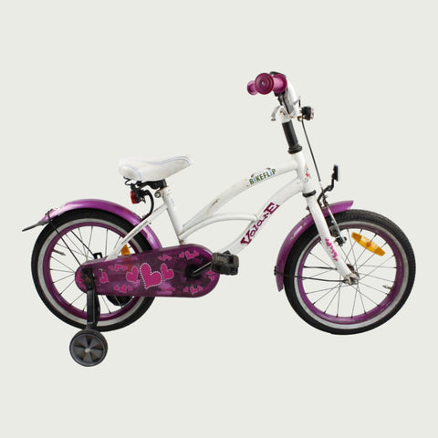16.10 - BikeFlip, 16 inch fiets, witte en paarse fiets, terugtraprem en handrem, geen versnellingen, kabelslot, verlichting