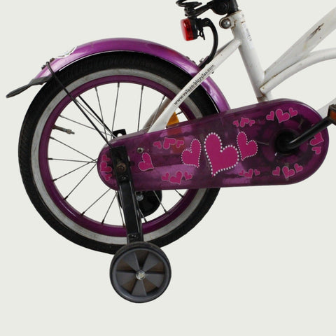 16.10 - BikeFlip, 16 inch fiets, witte en paarse fiets, terugtraprem en handrem, geen versnellingen, kabelslot, verlichting