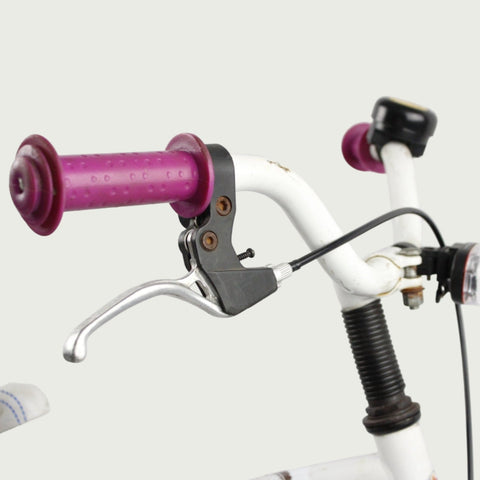 16.10 - BikeFlip, 16 inch fiets, witte en paarse fiets, terugtraprem en handrem, geen versnellingen, kabelslot, verlichting