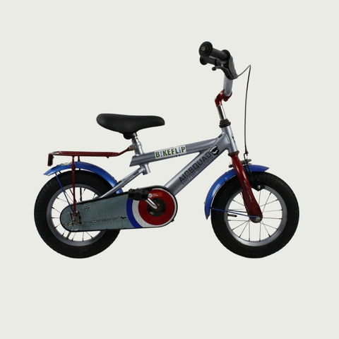 12.116 - BikeFlip, 12 inch kinderfiets, terugtraprem, handrem, kabelslot, siliconen verlichting, zilver fiets