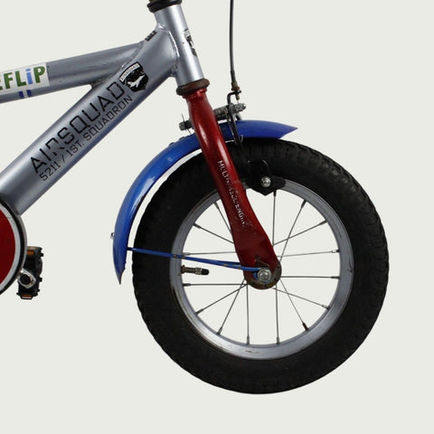 12.116 - BikeFlip, 12 inch kinderfiets, terugtraprem, handrem, kabelslot, siliconen verlichting, zilver fiets