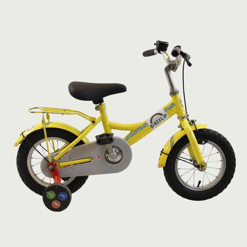 12.64 - BikeFlip, kinderfiets, 12 inch, bruin, rood, Gazelle fiets, terugtraprem, kabelslot, geen versnellingen, stevig