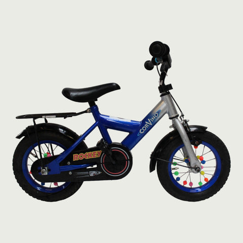 12.27, BikeFlip Corvino, 12 inch, blauw/grijs, lengte kind: 85-100 cm, terugtraprem, handrem, geen versnellingen, kabelslot