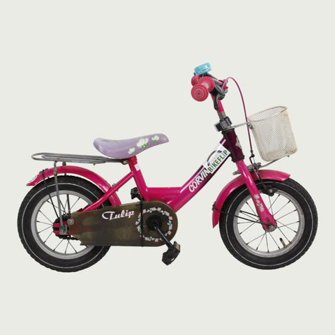 12.67 - BikeFlip, refurbished 12 inch, roze fiets, bloemen thema, mandje voor, terugtraprem, handrem, kabelslot, stevig