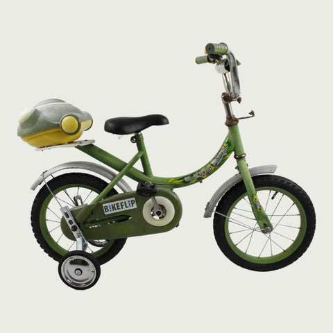 14.11 - BikeFlip, 14 inch kinderfiets, groen fiets, kikker design, terugtraprem, handrem, kabelslot, stoer, avontuurlijk