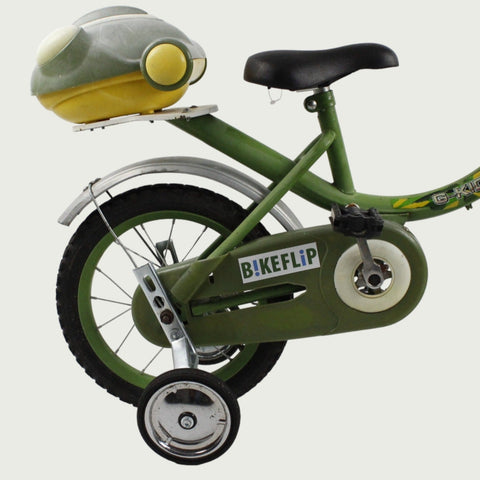 14.11 - BikeFlip, 14 inch kinderfiets, groen fiets, kikker design, terugtraprem, handrem, kabelslot, stoer, avontuurlijk