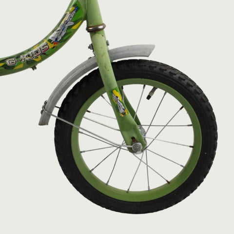 14.11 - BikeFlip, 14 inch kinderfiets, groen fiets, kikker design, terugtraprem, handrem, kabelslot, stoer, avontuurlijk