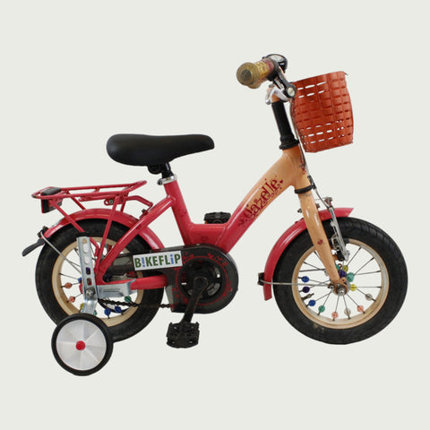 12 inch Gazelle kinderfiets, rood beige, terugtraprem, handrem, geen versnellingen, kabelslot, met mandje en spaakkralen