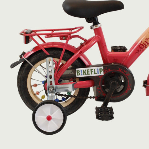 12 inch Gazelle kinderfiets, rood beige, terugtraprem, handrem, geen versnellingen, kabelslot, met mandje en spaakkralen