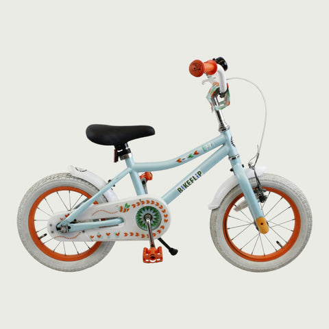 14.27 - BikeFlip, 14 inch fiets, blauwe fiets, terugtraprem, handrem, geen versnellingen, kabelslot, kinderfiets