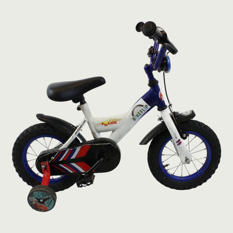12.86 - BikeFlip, 12 inch kinderfiets, politiefiets, lichtsirene, blauw, terugtraprem, handrem, kabelslot, stoer, avontuur