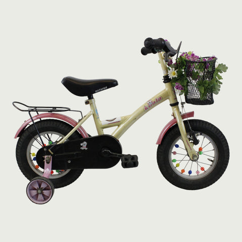 12.42 - BikeFlip, kinderfiets, 12 inch, gouden fiets, bloemenmandje, terugtraprem, handrem, geen versnellingen, kabelslot