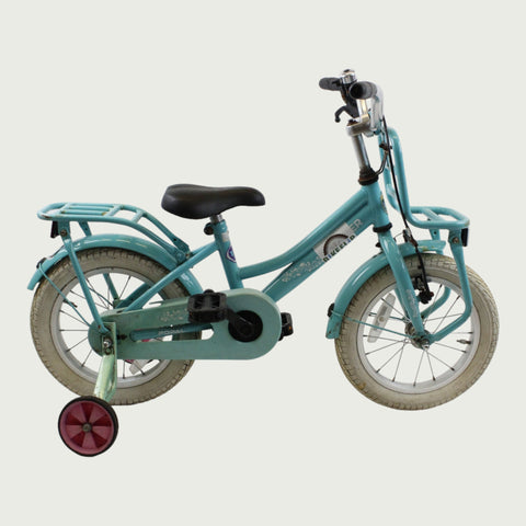 14.16 - BikeFlip, 14 inch kinderfiets, lichtblauw fiets, terugtraprem, handrem, geen versnellingen, kabelslot