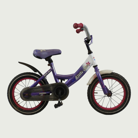 14.29 - BikeFlip, 14 inch fiets, paars wit fiets, terugtraprem, handrem, geen versnellingen, kabelslot, kinderfiets