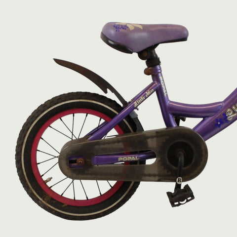 14.29 - BikeFlip, 14 inch fiets, paars wit fiets, terugtraprem, handrem, geen versnellingen, kabelslot, kinderfiets