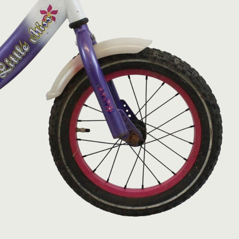 14.29 - BikeFlip, 14 inch fiets, paars wit fiets, terugtraprem, handrem, geen versnellingen, kabelslot, kinderfiets