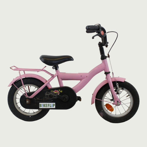 12.44 - BikeFlip, kinderfiets, 12 inch, roze fiets, terugtraprem, handrem, geen versnellingen, kabelslot, zijwieltjes