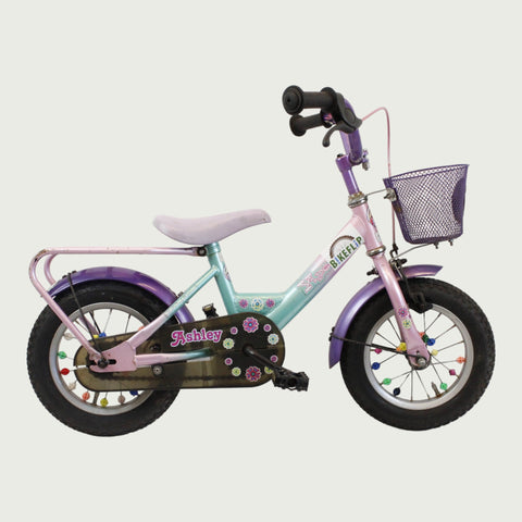 12.92 - BikeFlip, 12 inch kinderfiets, licht roze en blauw, terugtraprem, handrem, geen versnellingen, verlichting, kabelslot