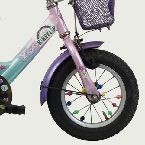 12.92 - BikeFlip, 12 inch kinderfiets, licht roze en blauw, terugtraprem, handrem, geen versnellingen, verlichting, kabelslot