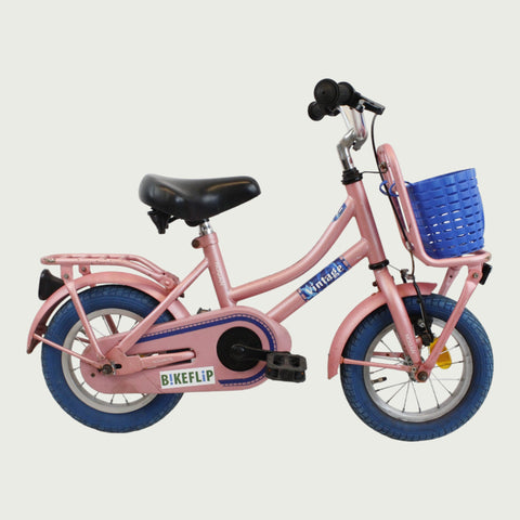 12.144 - BikeFlip, 12 inch kinderfiets, roze vintage fiets, Frozen mandje, coole kinderfiets, terugtraprem, handrem, ringslot