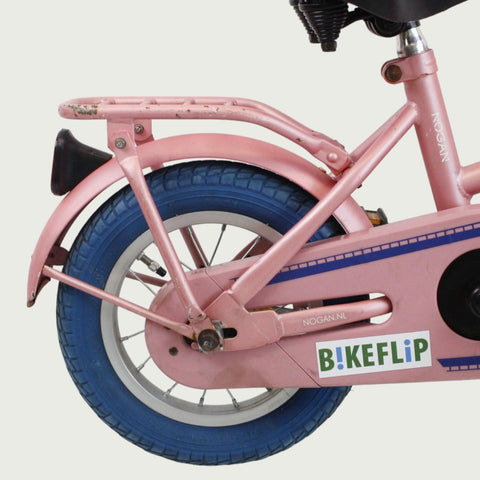 12.144 - BikeFlip, 12 inch kinderfiets, roze vintage fiets, Frozen mandje, coole kinderfiets, terugtraprem, handrem, ringslot