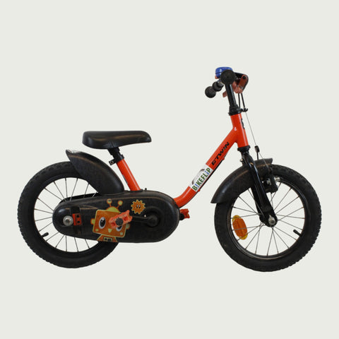 14.21 - BikeFlip, 14 inch fiets, oranje B'twin fiets, handremmen, geen versnellingen, kabelslot, vaste verlichting