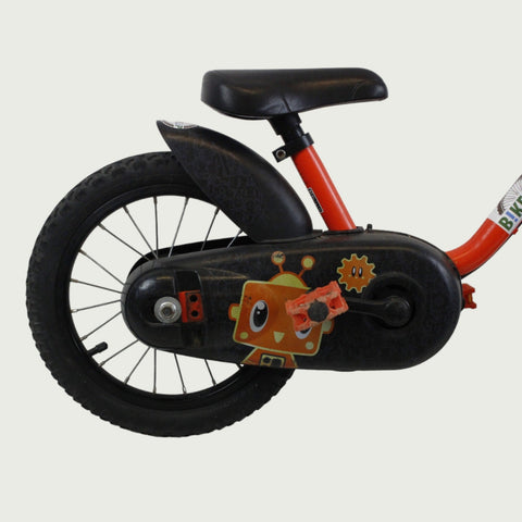 14.21 - BikeFlip, 14 inch fiets, oranje B'twin fiets, handremmen, geen versnellingen, kabelslot, vaste verlichting