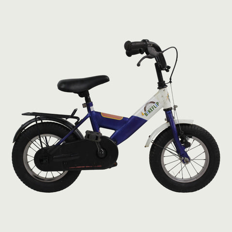 12.87 - BikeFlip, 12 inch kinderfiets, paars en wit fiets, terugtraprem, handrem, geen versnellingen, kabelslot, stoer