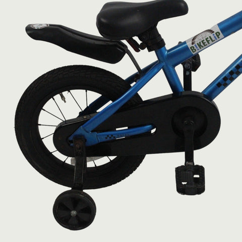 14.20 - BikeFlip, 14 inch fiets, blauwe sportieve fiets, zijwieltjes, terugtraprem, geen versnellingen, kabelslot