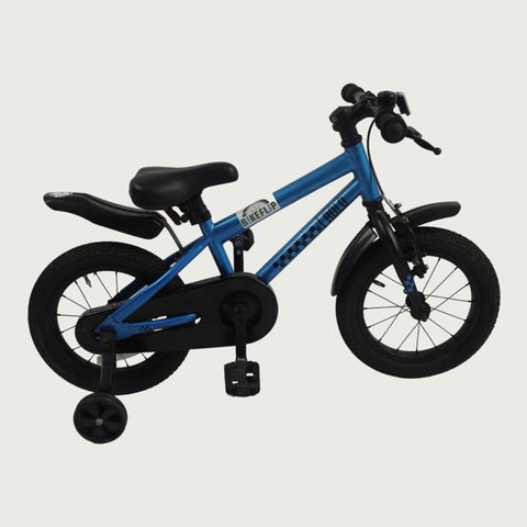 14.20 - BikeFlip, 14 inch fiets, blauwe sportieve fiets, zijwieltjes, terugtraprem, geen versnellingen, kabelslot