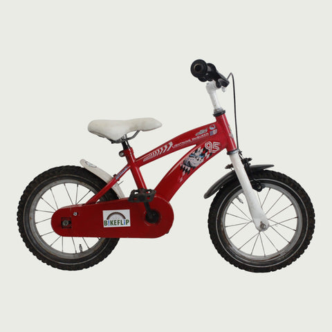 14.22 - BikeFlip, 14 inch fiets, rode Cars fiets, terugtraprem, handrem, geen versnellingen, kabelslot
