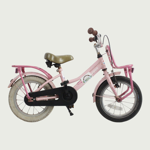 14.13 - BikeFlip, 14 inch kinderfiets, roze met rekje, terugtraprem, handrem, geen versnellingen, kabelslot, stoer