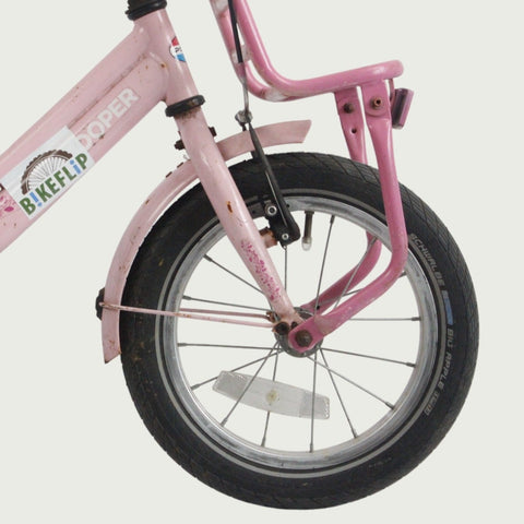 14.13 - BikeFlip, 14 inch kinderfiets, roze met rekje, terugtraprem, handrem, geen versnellingen, kabelslot, stoer