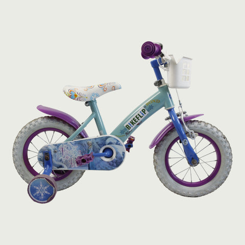 12.102 - BikeFlip, 12 inch kinderfiets, kleine ijsprinsessen, veelkleurig Frozen thema, mandje aan de voorkant