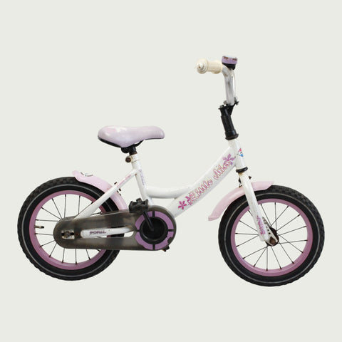 14.23 , BikeFlip - 14 inch fiets, witte fiets, roze velgen en zadel, terugtraprem, geen versnellingen, kabelslot