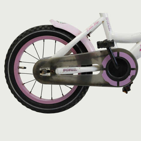 14.23 , BikeFlip - 14 inch fiets, witte fiets, roze velgen en zadel, terugtraprem, geen versnellingen, kabelslot