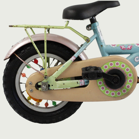 12.79 - BikeFlip, 12 inch kinderfiets, lichtgroen en blauw fiets, terugtraprem, handrem, kabelslot, stoer, creatief design