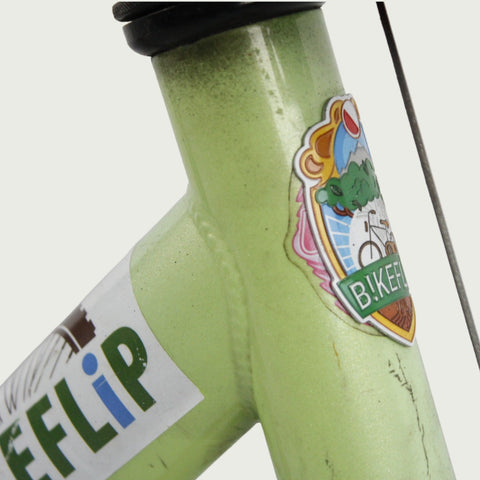 12.79 - BikeFlip, 12 inch kinderfiets, lichtgroen en blauw fiets, terugtraprem, handrem, kabelslot, stoer, creatief design