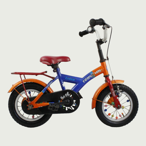 12.73 - BikeFlip, 12 inch kinderfiets, blauw en oranje fiets, veelkleurig, Loekie, spaakkralen, handrem, kabelslot,  balans