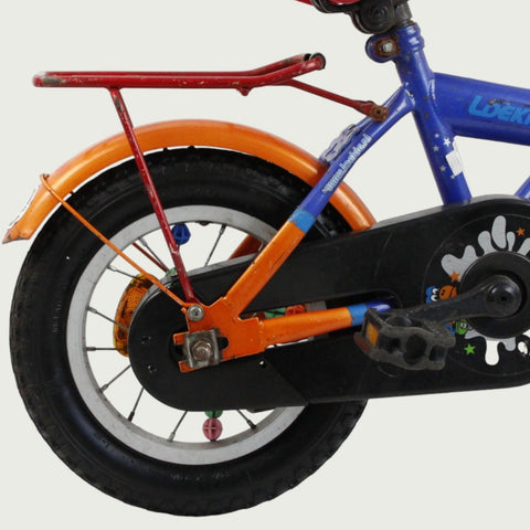 12.73 - BikeFlip, 12 inch kinderfiets, blauw en oranje fiets, veelkleurig, Loekie, spaakkralen, handrem, kabelslot,  balans