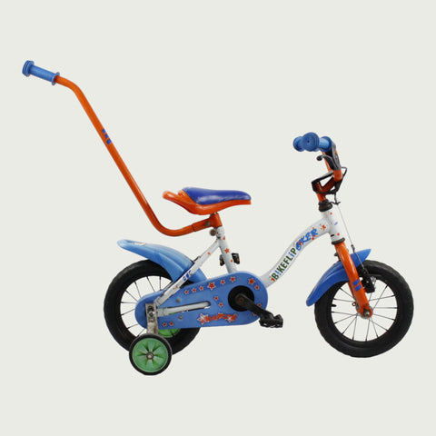 12.103 - BikeFlip, 12 inch fiets, zijwieltjes, handige houvast, terugtraprem, kabelslot, 85-100 cm kind, kledingmaat 86-98