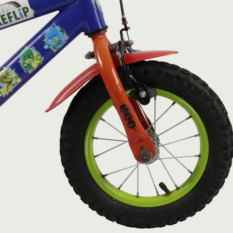 12.83 - BikeFlip, 12 inch kinderfiets, blauwe fiets, terugtraprem, handrem, geen versnellingen, kabelslot, vrolijk, kleurrijk