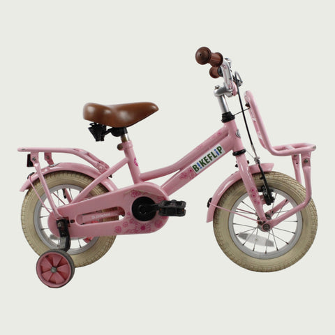 Kinderfiets 4 jaar, 12 inch, 12.105, BikeFlip, kinderfiets met voorrekje, roze fiets, fiets handrem, Optionele zijwieltjes