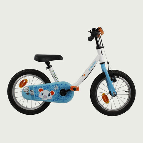 14.25 - BikeFlip, 14 inch fiets, witte fiets, handrem, geen versnellingen, kabelslot, kinderfiets, blauwe kettingbeschermer