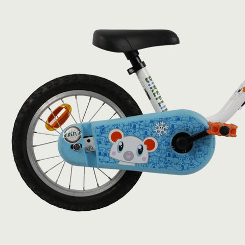 14.25 - BikeFlip, 14 inch fiets, witte fiets, handrem, geen versnellingen, kabelslot, kinderfiets, blauwe kettingbeschermer