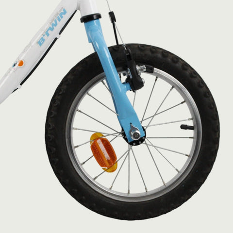 14.25 - BikeFlip, 14 inch fiets, witte fiets, handrem, geen versnellingen, kabelslot, kinderfiets, blauwe kettingbeschermer