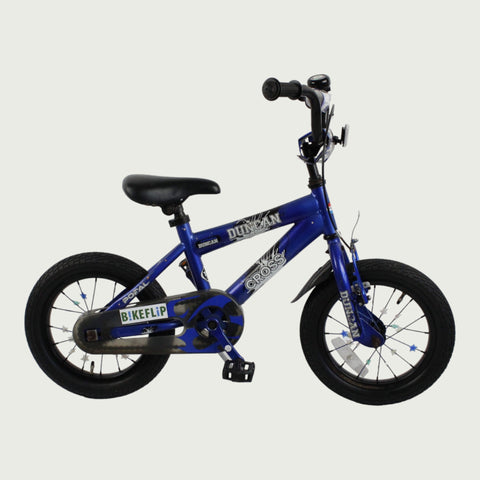 14.24 - BikeFlip , 14 inch fiets, blauwe Popal fiets, terugtraprem, geen versnellingen, kabelslot, kinderfiets