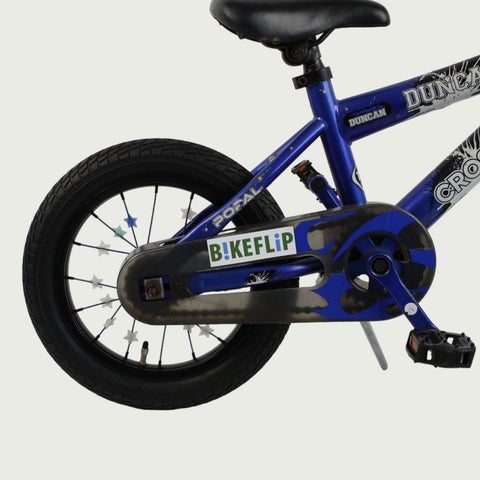 14.24 - BikeFlip , 14 inch fiets, blauwe Popal fiets, terugtraprem, geen versnellingen, kabelslot, kinderfiets