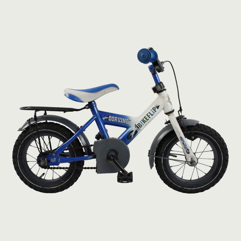 BikeFlip, 12.107, corvino fiets, blauw wit fiets, 12 inch kinderfiets, terugtraprem en handrem, geen versnellingen, kabelslot